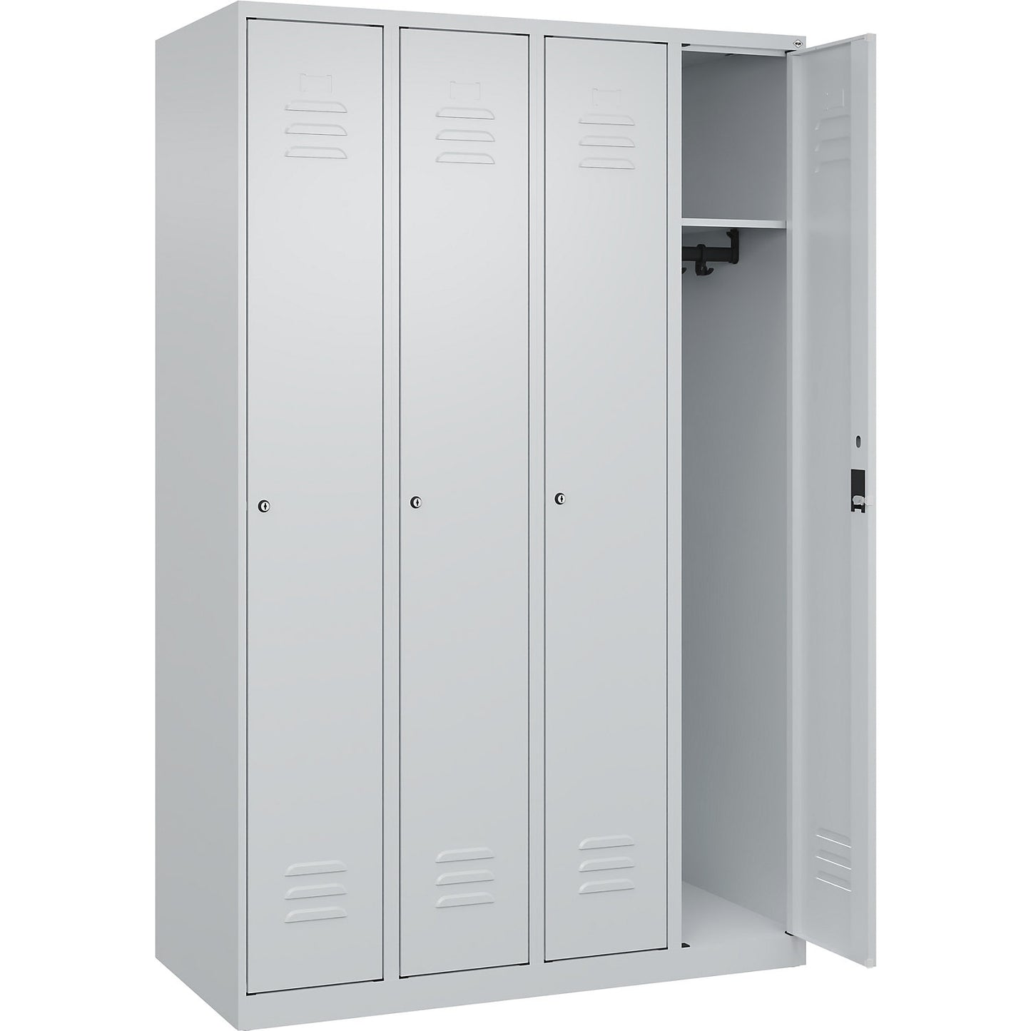 Classic PLUS clothes locker, 4 compartments, light grey, W 1200 mm, with floor glides, cylinder lock.