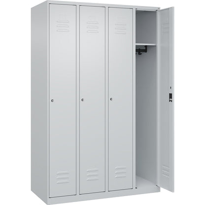Classic PLUS clothes locker, 4 compartments, light grey, W 1200 mm, with floor glides, cylinder lock.