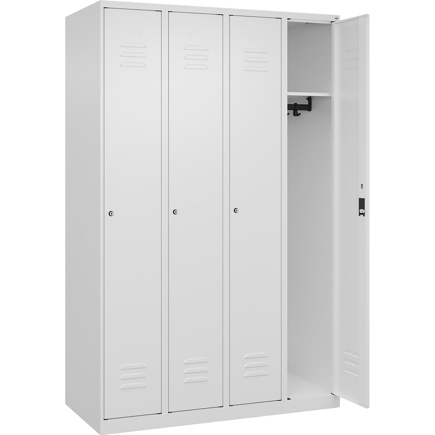 Classic PLUS clothes locker, 4 compartments, traffic white, W 1200 mm, with floor glides, cylinder lock.