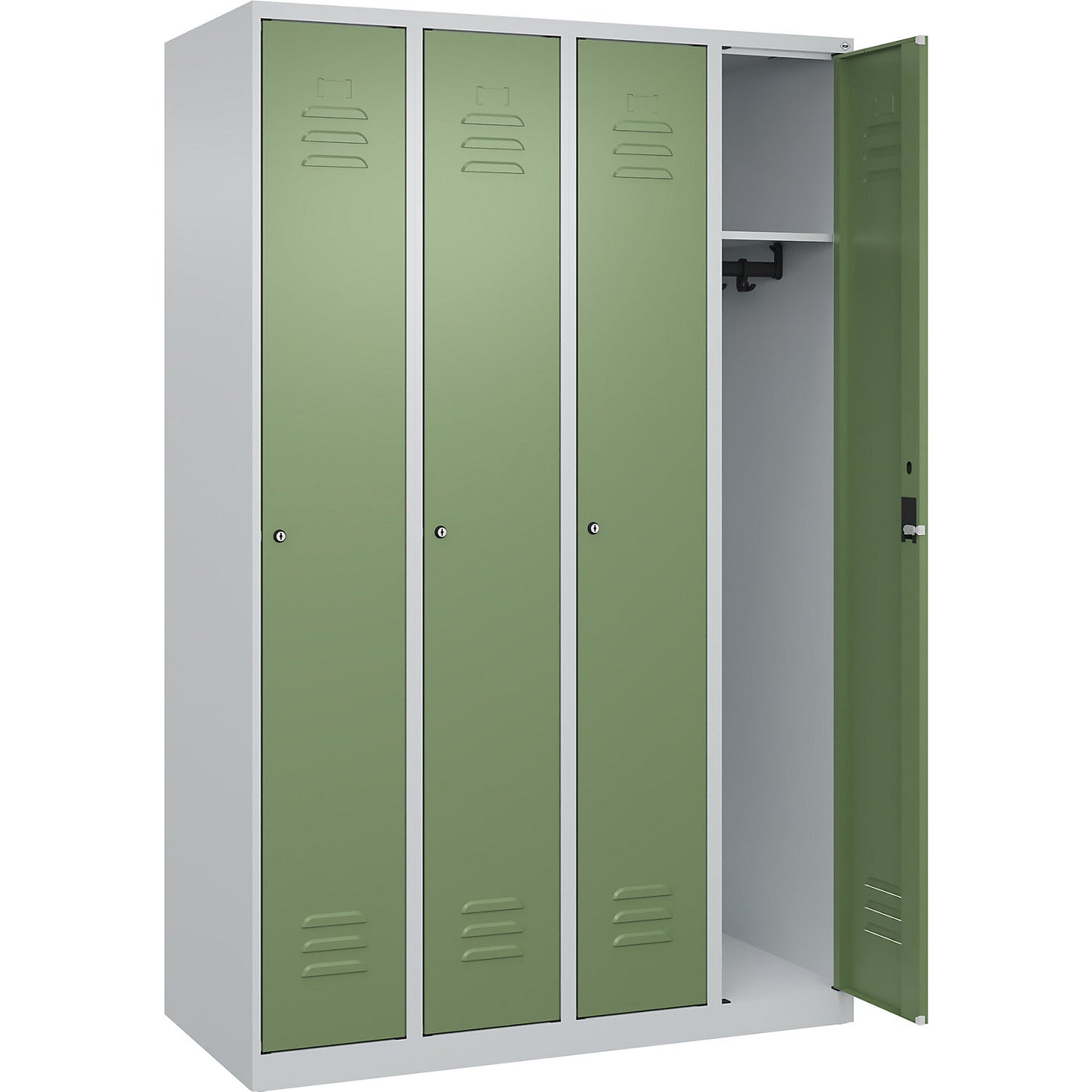 Classic PLUS clothes locker, 4 compartments, light grey/reseda green, W 1200 mm, with floor glides, cylinder lock.