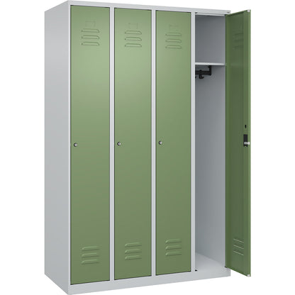 Classic PLUS clothes locker, 4 compartments, light grey/reseda green, W 1200 mm, with floor glides, cylinder lock.