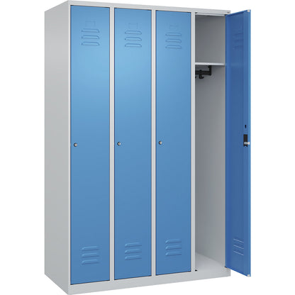 Classic PLUS clothes locker, 4 compartments, light grey/light blue, W 1200 mm, with floor glides, cylinder lock.
