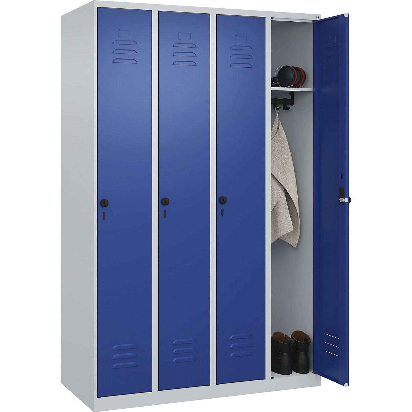Classic PLUS clothes locker, 4 compartments, light grey/gentian blue, W 1200 mm, with floor glides, cylinder lock.