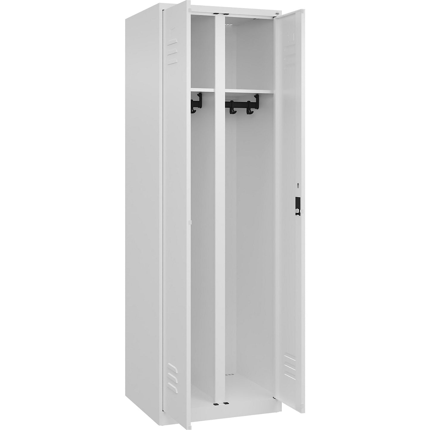 Classic PLUS clean and dirty clothes locker, centre divider, 1 compartment, traffic white, HxW 1850 x 600 mm, with floor glides, cylinder lock.