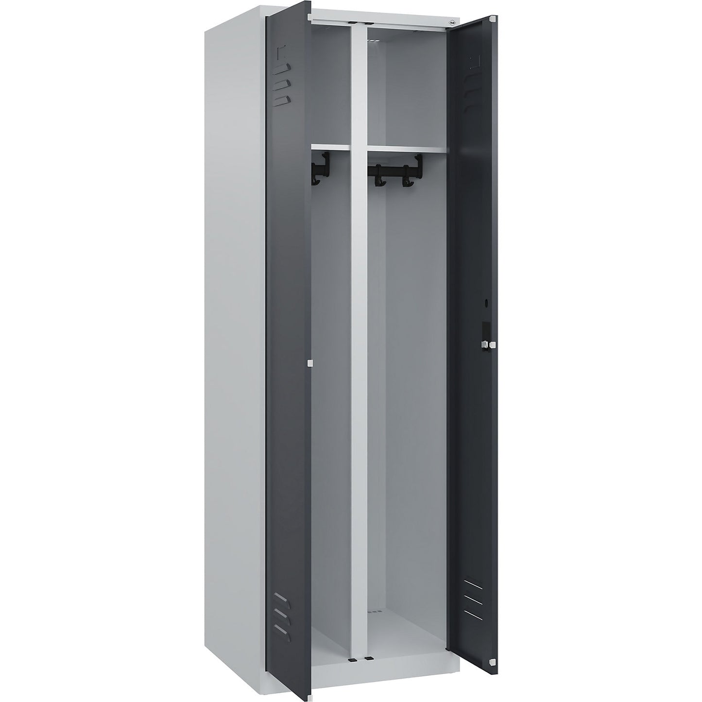 Classic PLUS clean and dirty clothes locker, centre divider, 1 compartment, light grey/grey, HxW 1850 x 600 mm, with floor glides, cylinder lock.
