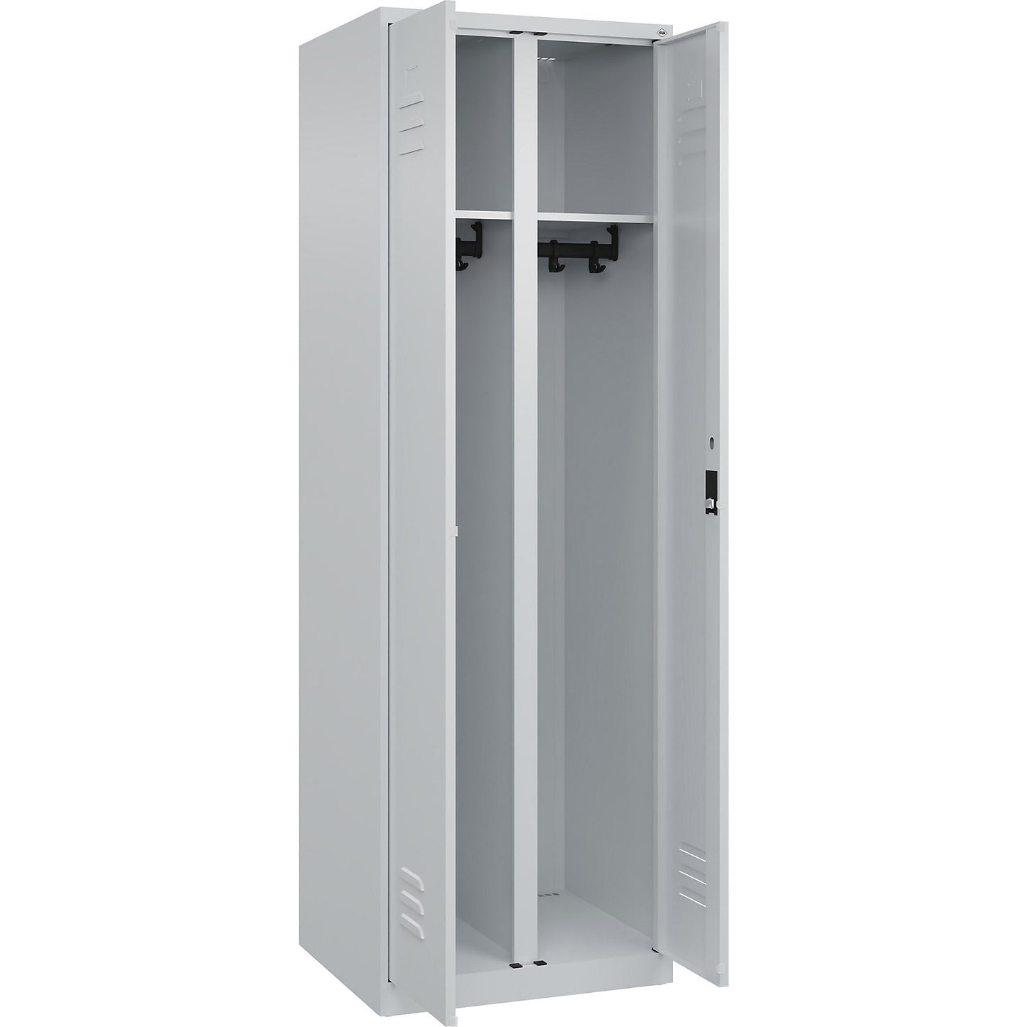 Classic PLUS clean and dirty clothes locker, centre divider, 1 compartment, light grey, HxW 1850 x 600 mm, with floor glides, cylinder lock.