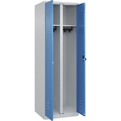 Classic PLUS clean and dirty clothes locker, centre divider, 1 compartment, light grey/light blue, HxW 1850 x 600 mm, with floor glides, rotary bolt.