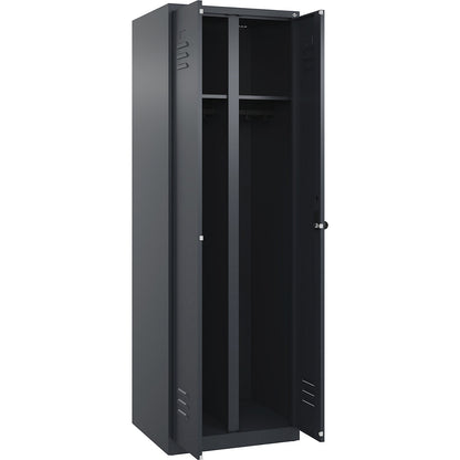 Classic PLUS clean and dirty clothes locker, centre divider, 1 compartment, grey, HxW 1850 x 600 mm, with floor glides, rotary bolt.