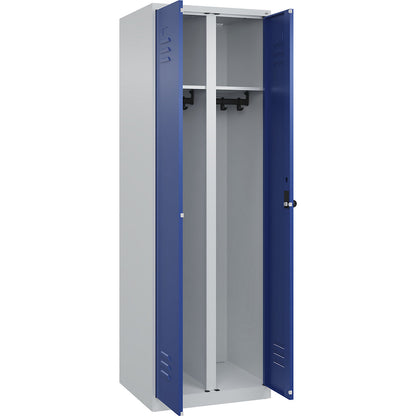 Classic PLUS clean and dirty clothes locker, centre divider, 1 compartment, light grey/gentian blue, HxW 1850 x 600 mm, with floor glides, rotary bolt.