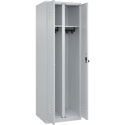 Classic PLUS clean and dirty clothes locker, centre divider, 1 compartment, light grey, HxW 1850 x 600 mm, with floor glides, rotary bolt.