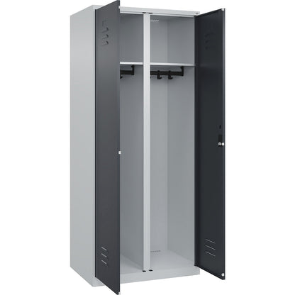 Classic PLUS clean and dirty clothes locker, centre divider, 1 compartment, light grey/grey, HxW 1850 x 800 mm, with floor glides, cylinder lock.