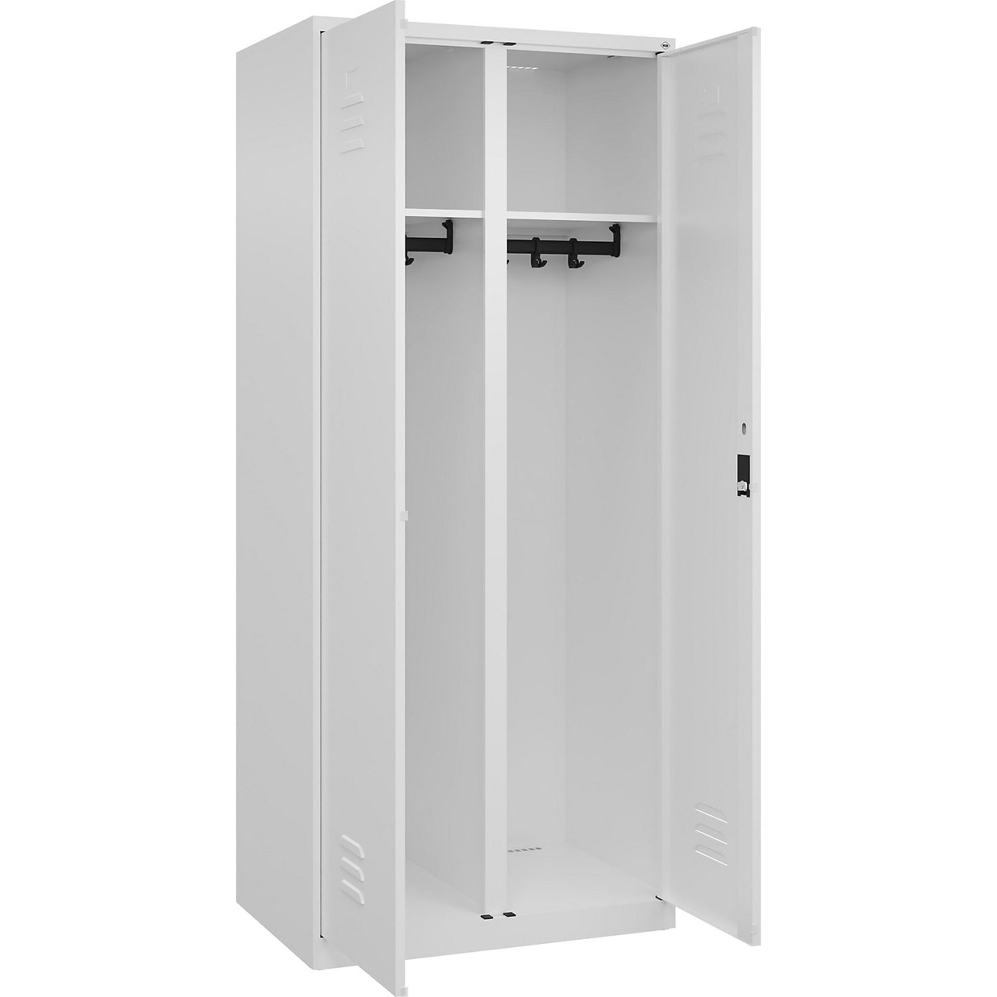 Classic PLUS clean and dirty clothes locker, centre divider, 1 compartment, traffic white, HxW 1850 x 800 mm, with floor glides, cylinder lock.