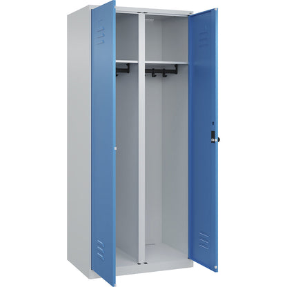 Classic PLUS clean and dirty clothes locker, centre divider, 1 compartment, light grey/light blue, HxW 1850 x 800 mm, with floor glides, rotary bolt.