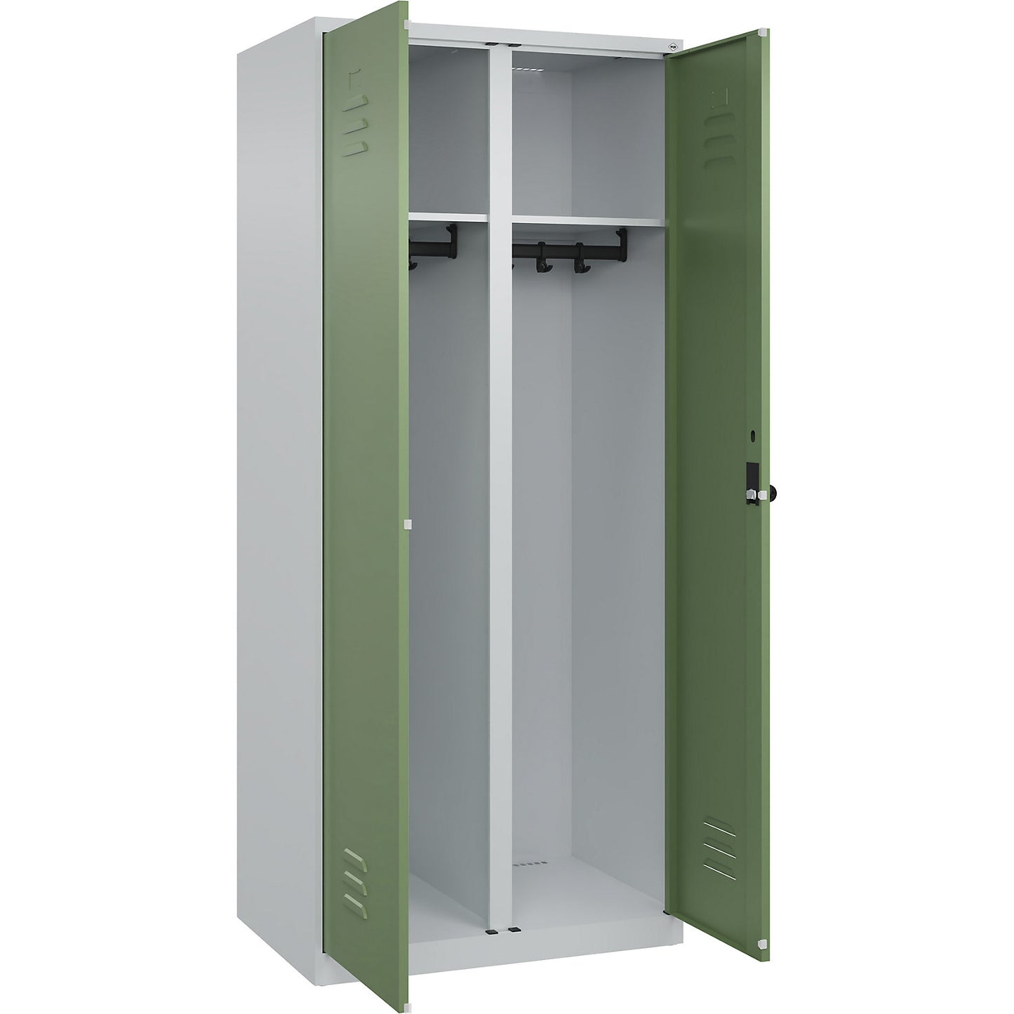 Classic PLUS clean and dirty clothes locker, centre divider, 1 compartment, light grey/reseda green, HxW 1850 x 800 mm, with floor glides, rotary bolt.