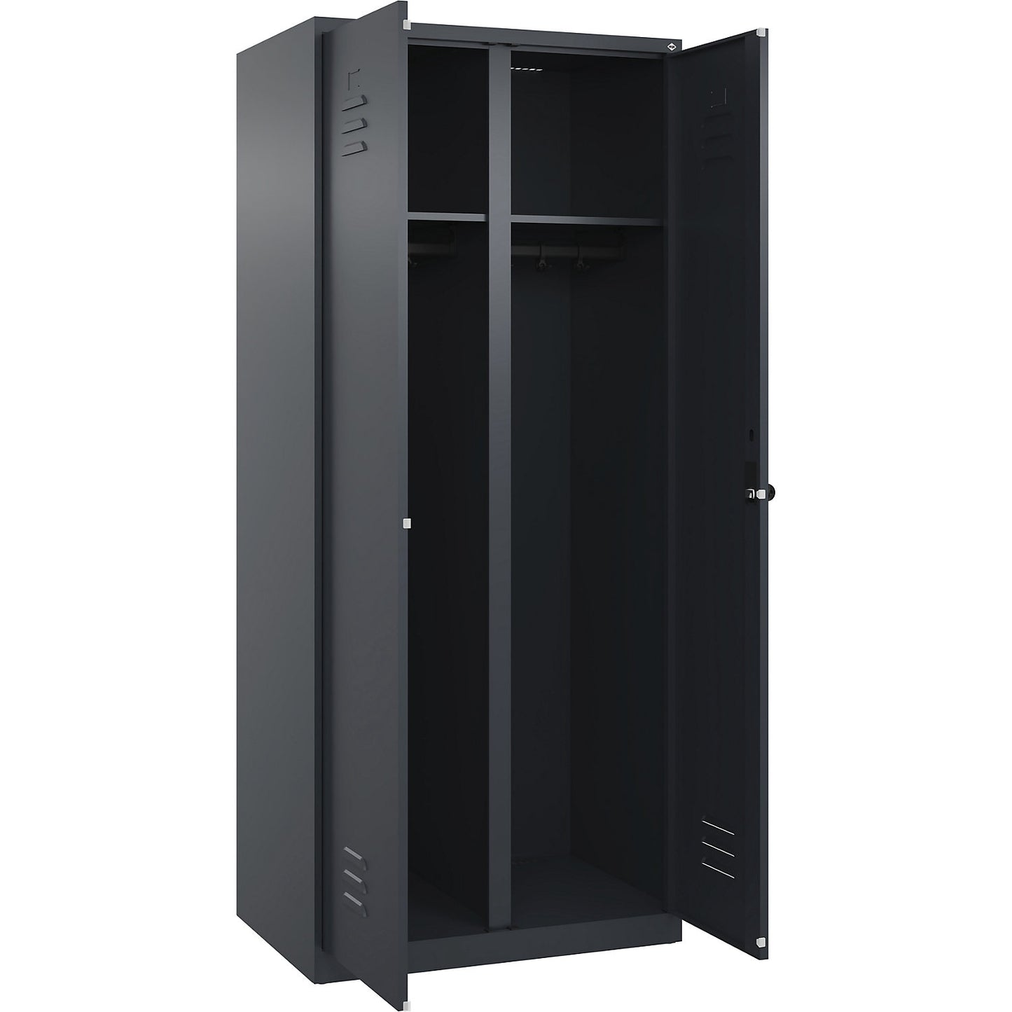 Classic PLUS clean and dirty clothes locker, centre divider, 1 compartment, grey, HxW 1850 x 800 mm, with floor glides, rotary bolt.