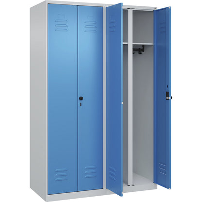 Classic PLUS clean and dirty clothes locker, centre divider, 2 compartments, light grey/light blue, HxW 1850 x 1200 mm, with floor glides, rotary bolt.