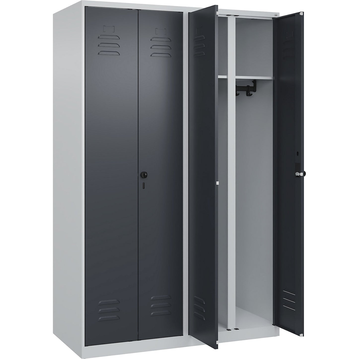 Classic PLUS clean and dirty clothes locker, centre divider, 2 compartments, light grey/grey, HxW 1850 x 1200 mm, with floor glides, rotary bolt.