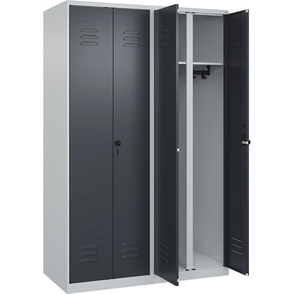 Classic PLUS clean and dirty clothes locker, centre divider, 2 compartments, light grey/grey, HxW 1850 x 1200 mm, with floor glides, rotary bolt.