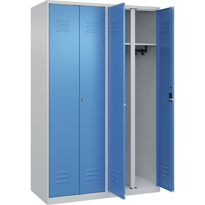 Classic PLUS clean and dirty clothes locker, centre divider, 2 compartments, light grey/light blue, HxW 1850 x 1200 mm, with floor glides, cylinder lock.