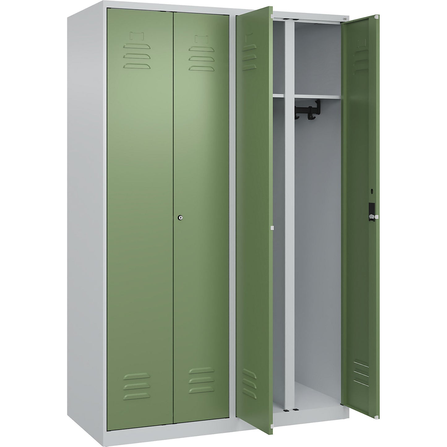 Classic PLUS clean and dirty clothes locker, centre divider, 2 compartments, light grey/reseda green, HxW 1850 x 1200 mm, with floor glides, cylinder lock.