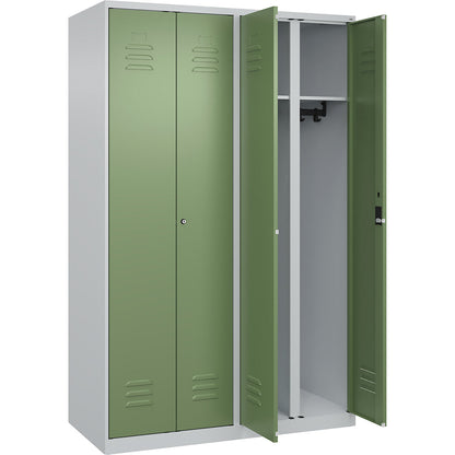 Classic PLUS clean and dirty clothes locker, centre divider, 2 compartments, light grey/reseda green, HxW 1850 x 1200 mm, with floor glides, cylinder lock.