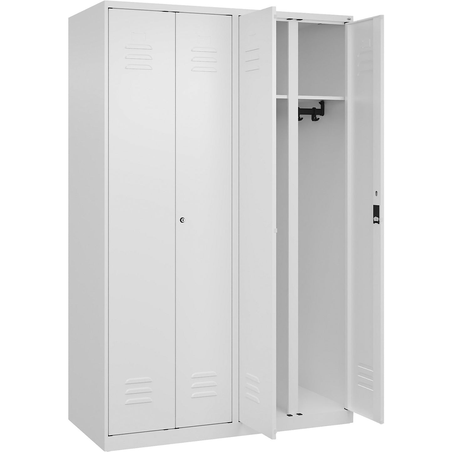 Classic PLUS clean and dirty clothes locker, centre divider, 2 compartments, traffic white, HxW 1850 x 1200 mm, with floor glides, cylinder lock.