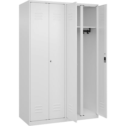 Classic PLUS clean and dirty clothes locker, centre divider, 2 compartments, traffic white, HxW 1850 x 1200 mm, with floor glides, cylinder lock.