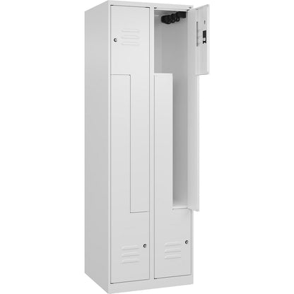 Classic PLUS Z locker, 2 compartments, traffic white, W 600 mm, with floor glides, cylinder lock.