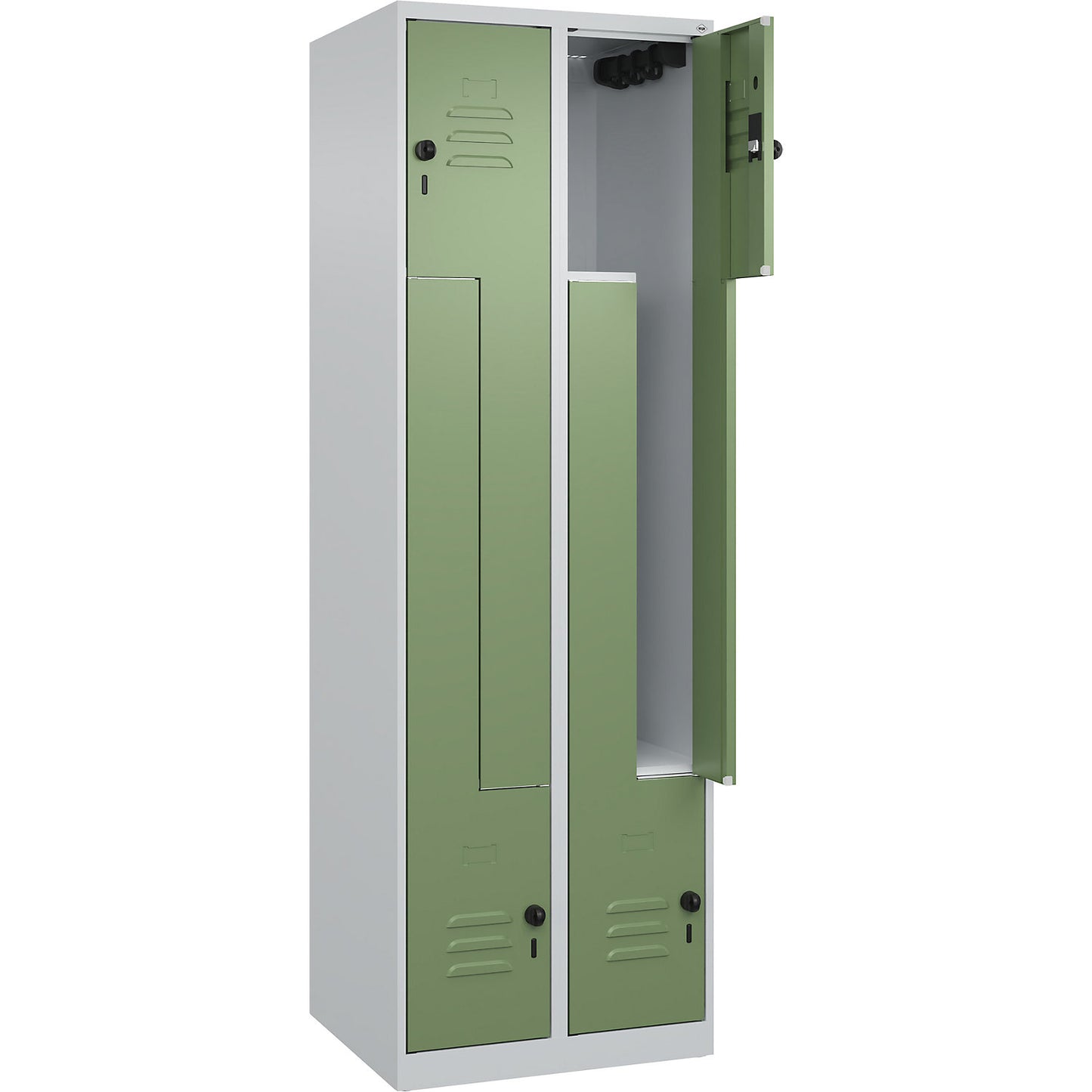 Classic PLUS Z locker, 2 compartments, light grey/reseda green, W 600 mm, with floor glides, rotary bolt.
