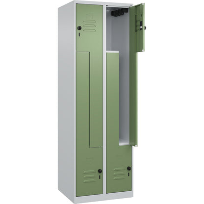 Classic PLUS Z locker, 2 compartments, light grey/reseda green, W 600 mm, with floor glides, rotary bolt.
