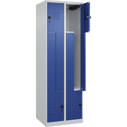 Classic PLUS Z locker, 2 compartments, light grey/gentian blue, W 600 mm, with floor glides, rotary bolt.