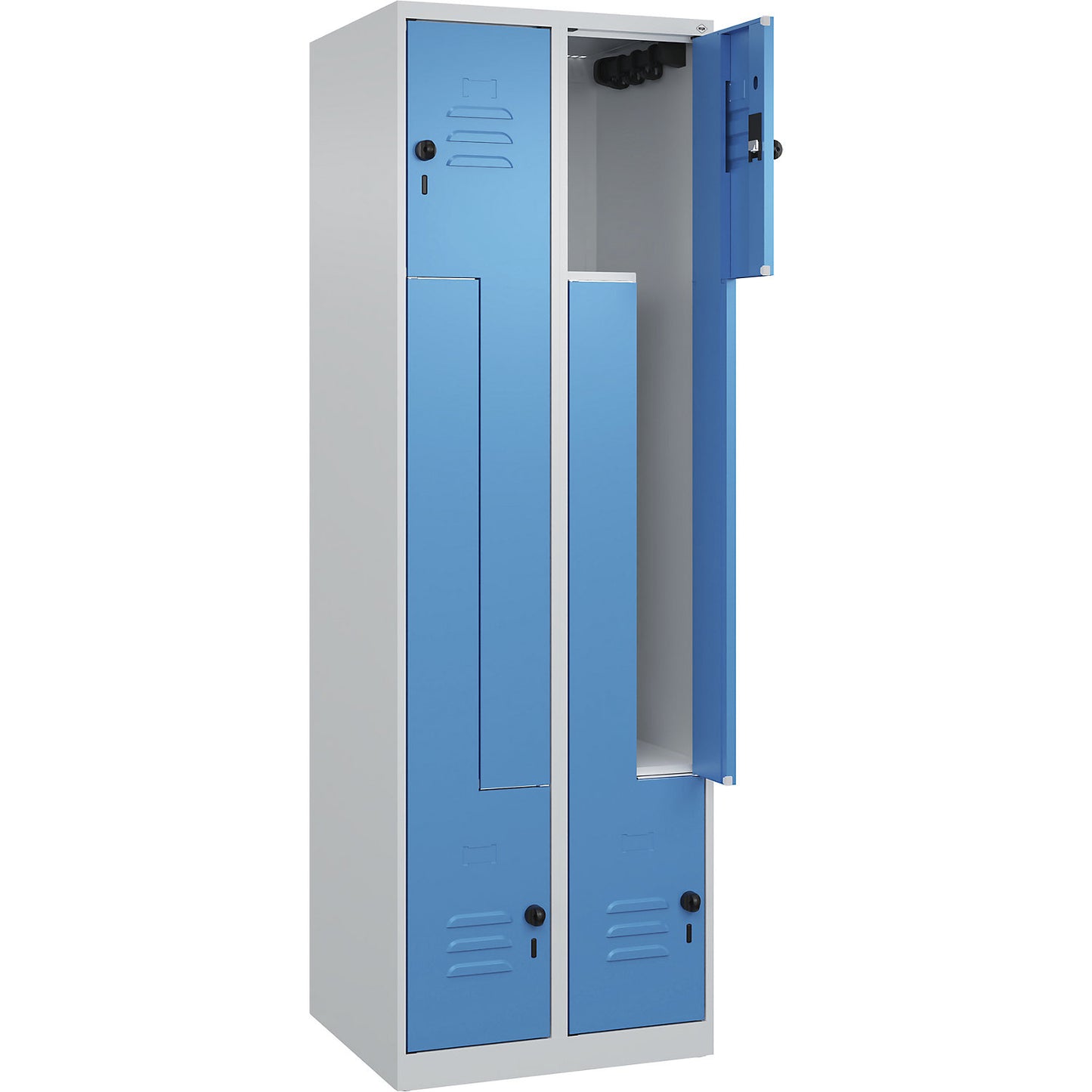 Classic PLUS Z locker, 2 compartments, light grey/light blue, W 600 mm, with floor glides, rotary bolt.