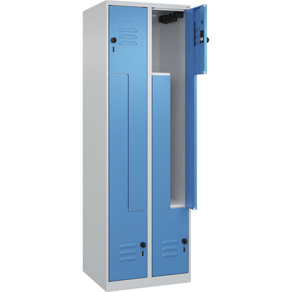 Classic PLUS Z locker, 2 compartments, light grey/light blue, W 600 mm, with floor glides, rotary bolt.