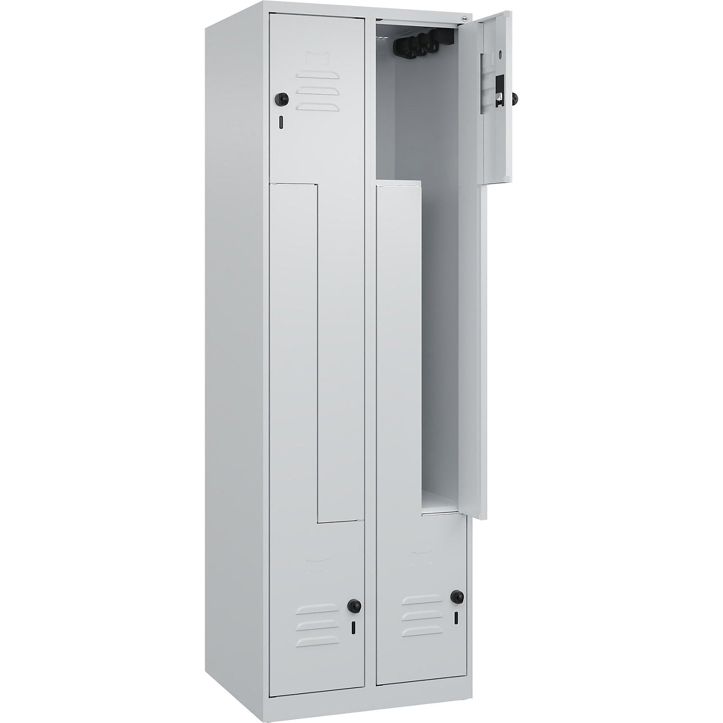 Classic PLUS Z locker, 2 compartments, light grey, W 600 mm, with floor glides, rotary bolt.
