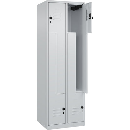 Classic PLUS Z locker, 2 compartments, light grey, W 600 mm, with floor glides, rotary bolt.
