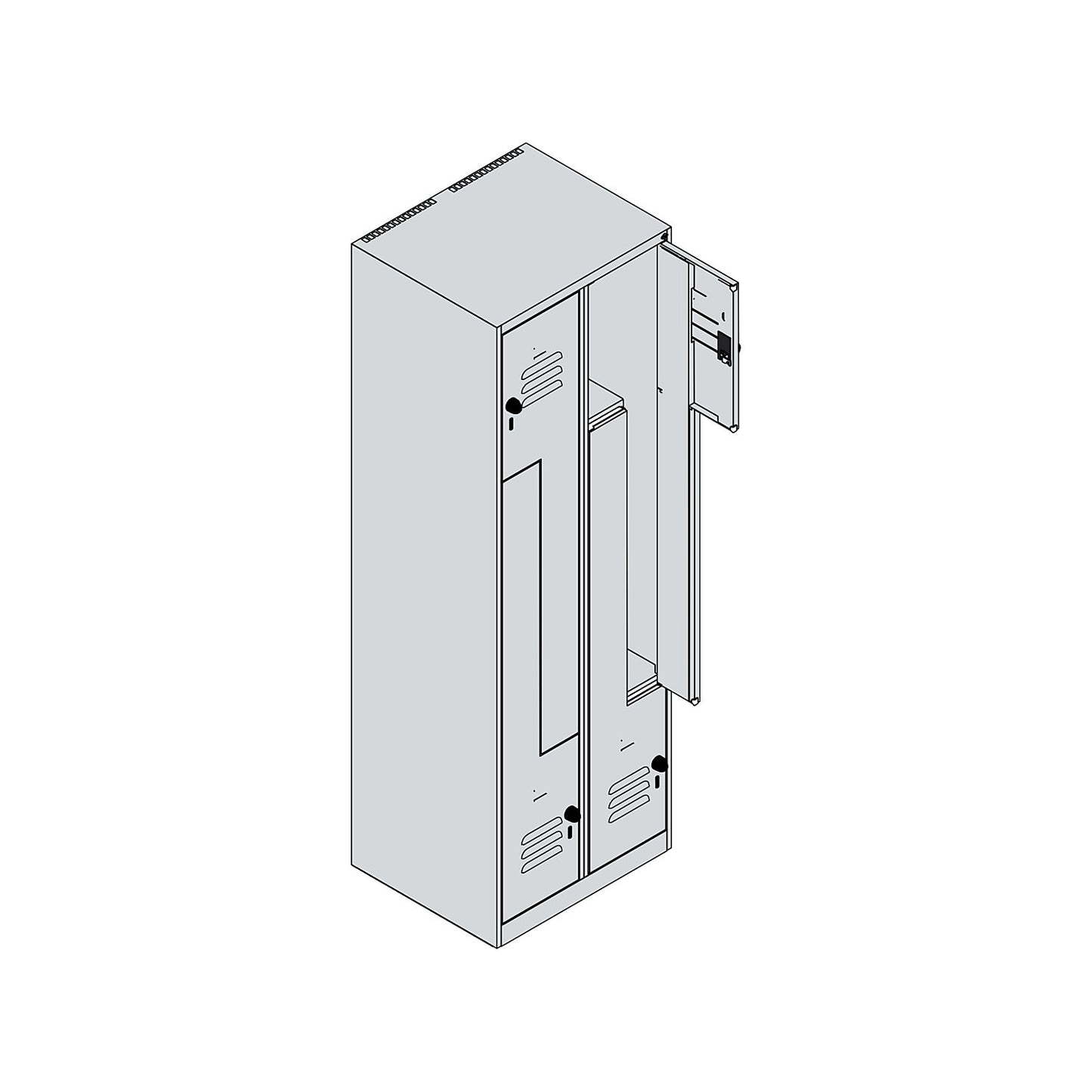 Classic PLUS Z locker, 2 compartments, light grey/gentian blue, W 600 mm, with floor glides, rotary bolt.