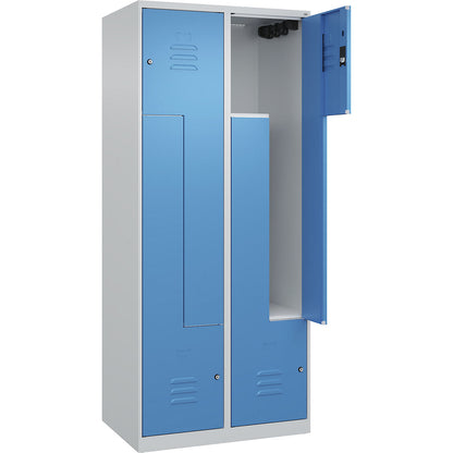 Classic PLUS Z locker, 2 compartments, light grey/light blue, W 800 mm, with floor glides, cylinder lock.