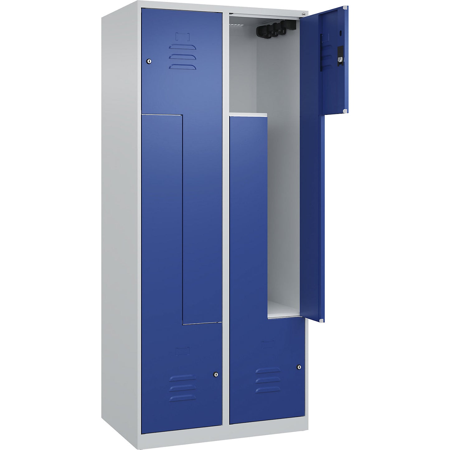 Classic PLUS Z locker, 2 compartments, light grey/gentian blue, W 800 mm, with floor glides, cylinder lock.
