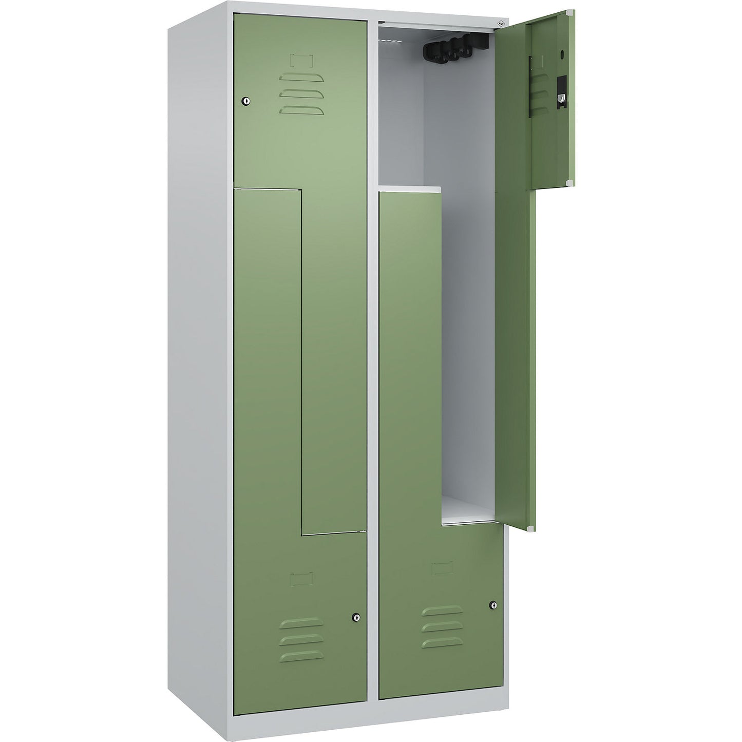 Classic PLUS Z locker, 2 compartments, light grey/reseda green, W 800 mm, with floor glides, cylinder lock.