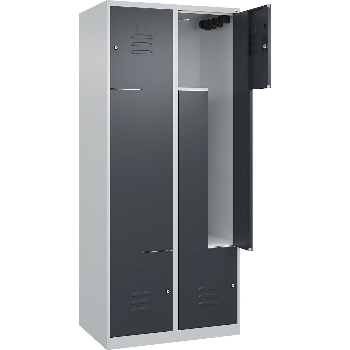 Classic PLUS Z locker, 2 compartments, light grey/grey, W 800 mm, with floor glides, cylinder lock.