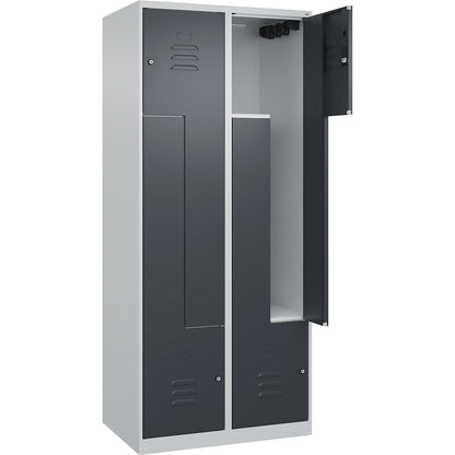 Classic PLUS Z locker, 2 compartments, light grey/grey, W 800 mm, with floor glides, cylinder lock.