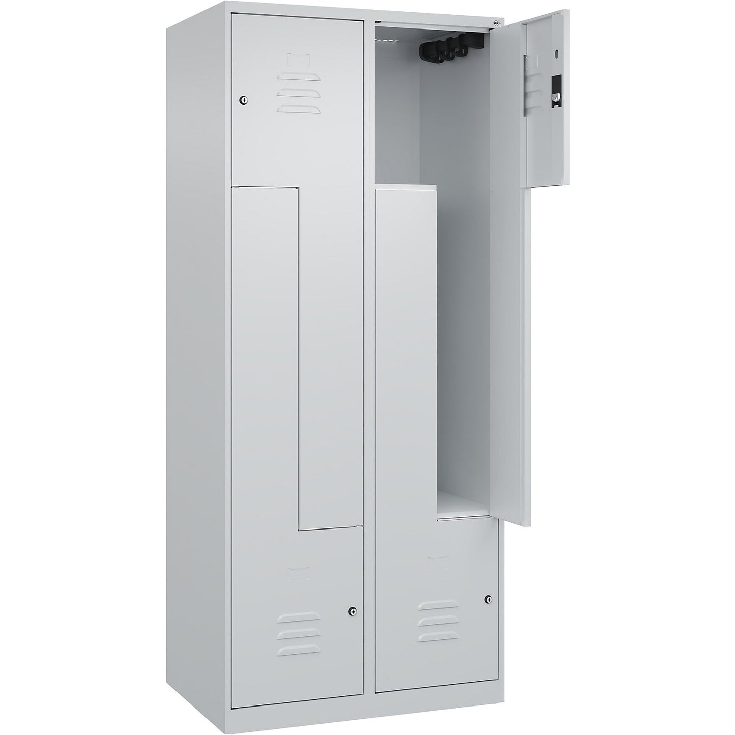 Classic PLUS Z locker, 2 compartments, light grey, W 800 mm, with floor glides, cylinder lock.