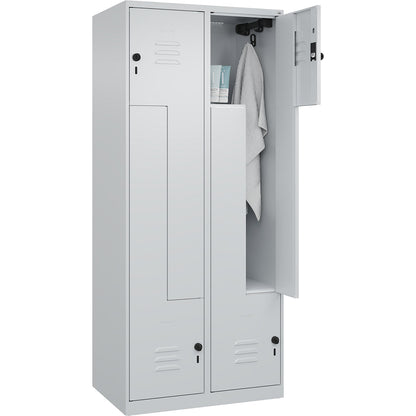 Classic PLUS Z locker, 2 compartments, light grey, W 800 mm, with floor glides, rotary bolt.