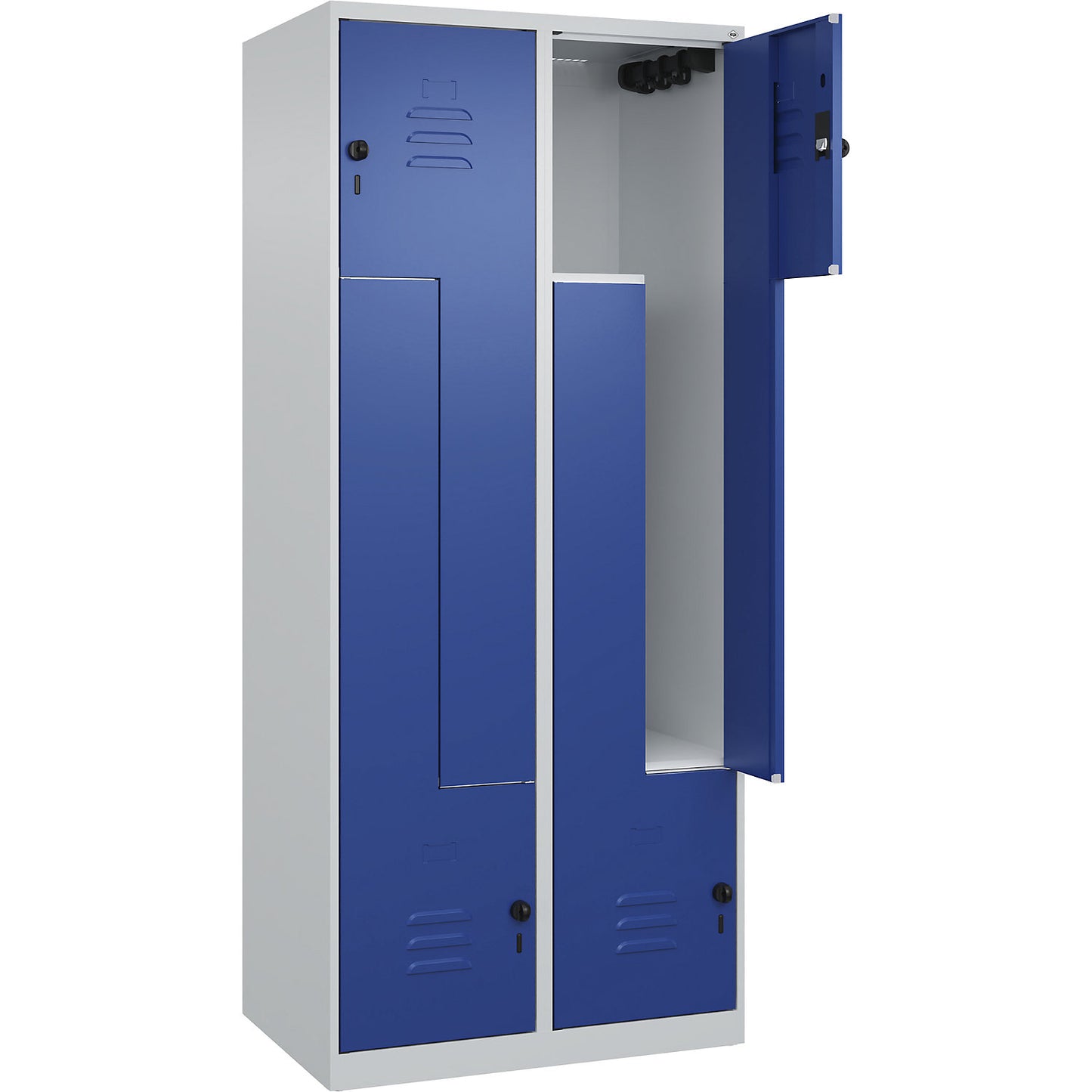 Classic PLUS Z locker, 2 compartments, light grey/gentian blue, W 800 mm, with floor glides, rotary bolt.