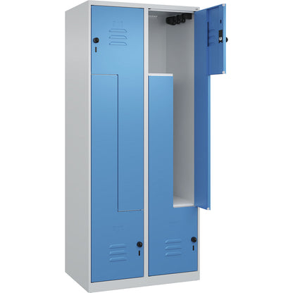 Classic PLUS Z locker, 2 compartments, light grey/light blue, W 800 mm, with floor glides, rotary bolt.