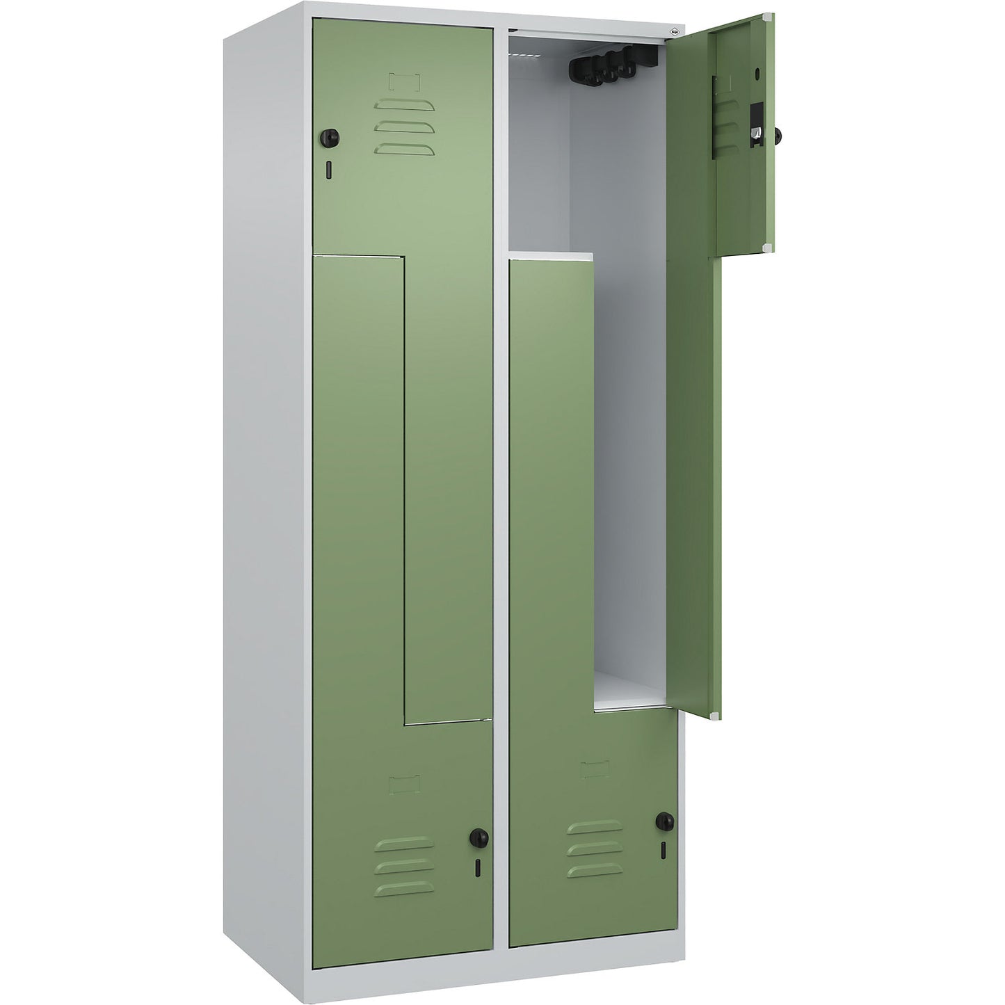Classic PLUS Z locker, 2 compartments, light grey/reseda green, W 800 mm, with floor glides, rotary bolt.