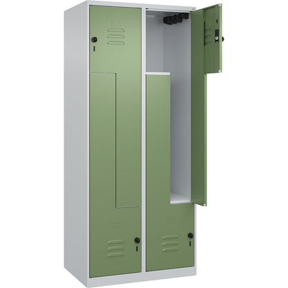 Classic PLUS Z locker, 2 compartments, light grey/reseda green, W 800 mm, with floor glides, rotary bolt.