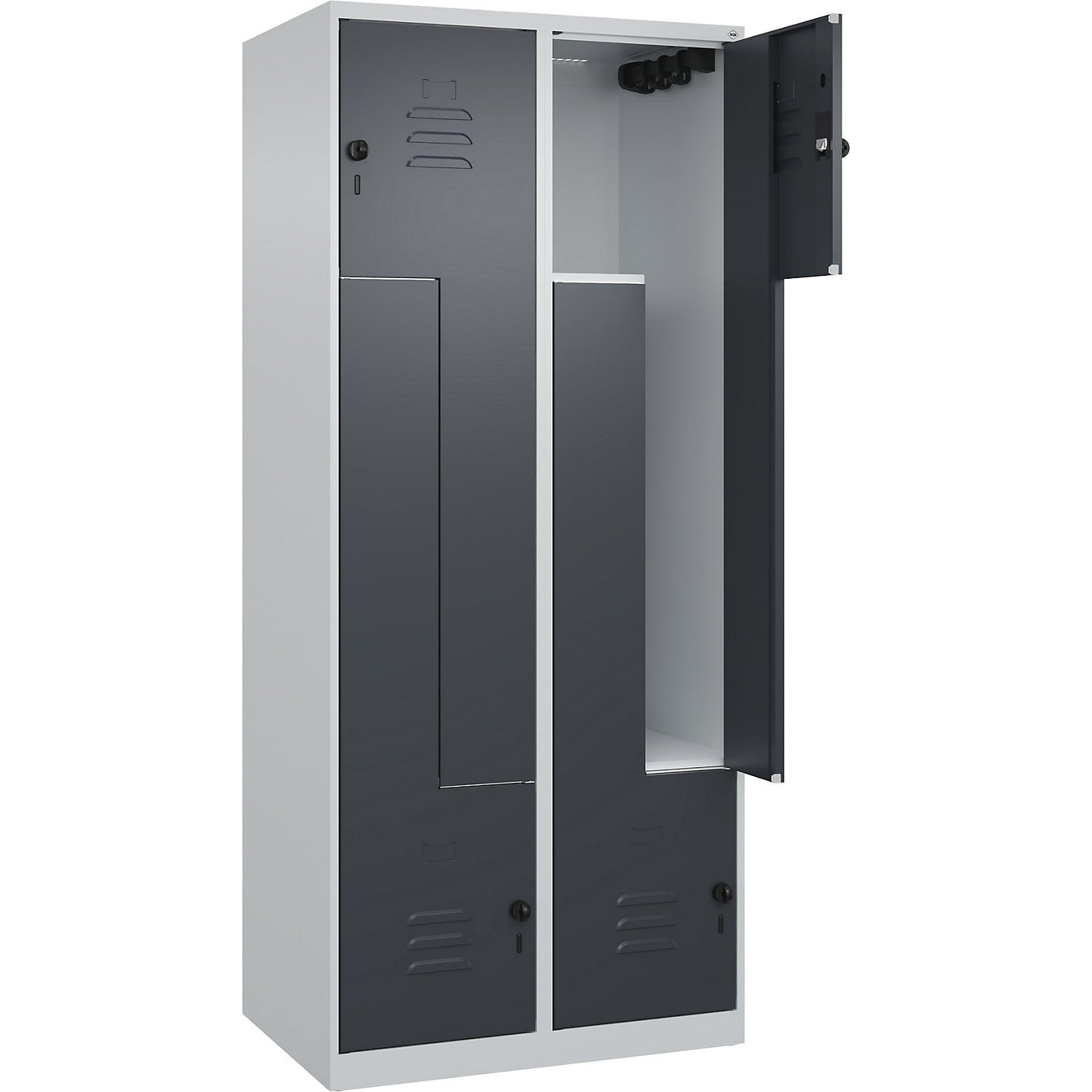 Classic PLUS Z locker, 2 compartments, light grey/grey, W 800 mm, with floor glides, rotary bolt.