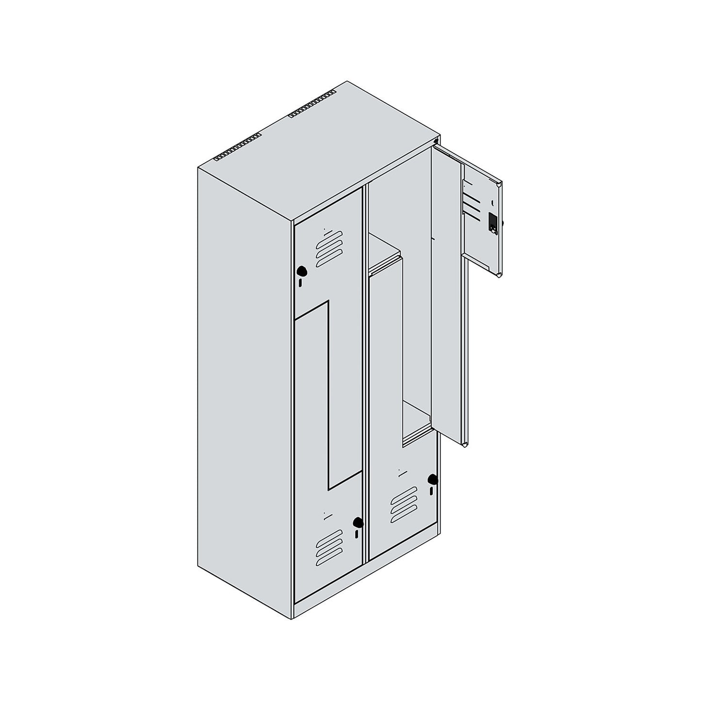Classic PLUS Z locker, 2 compartments, light grey/grey, W 800 mm, with floor glides, rotary bolt.