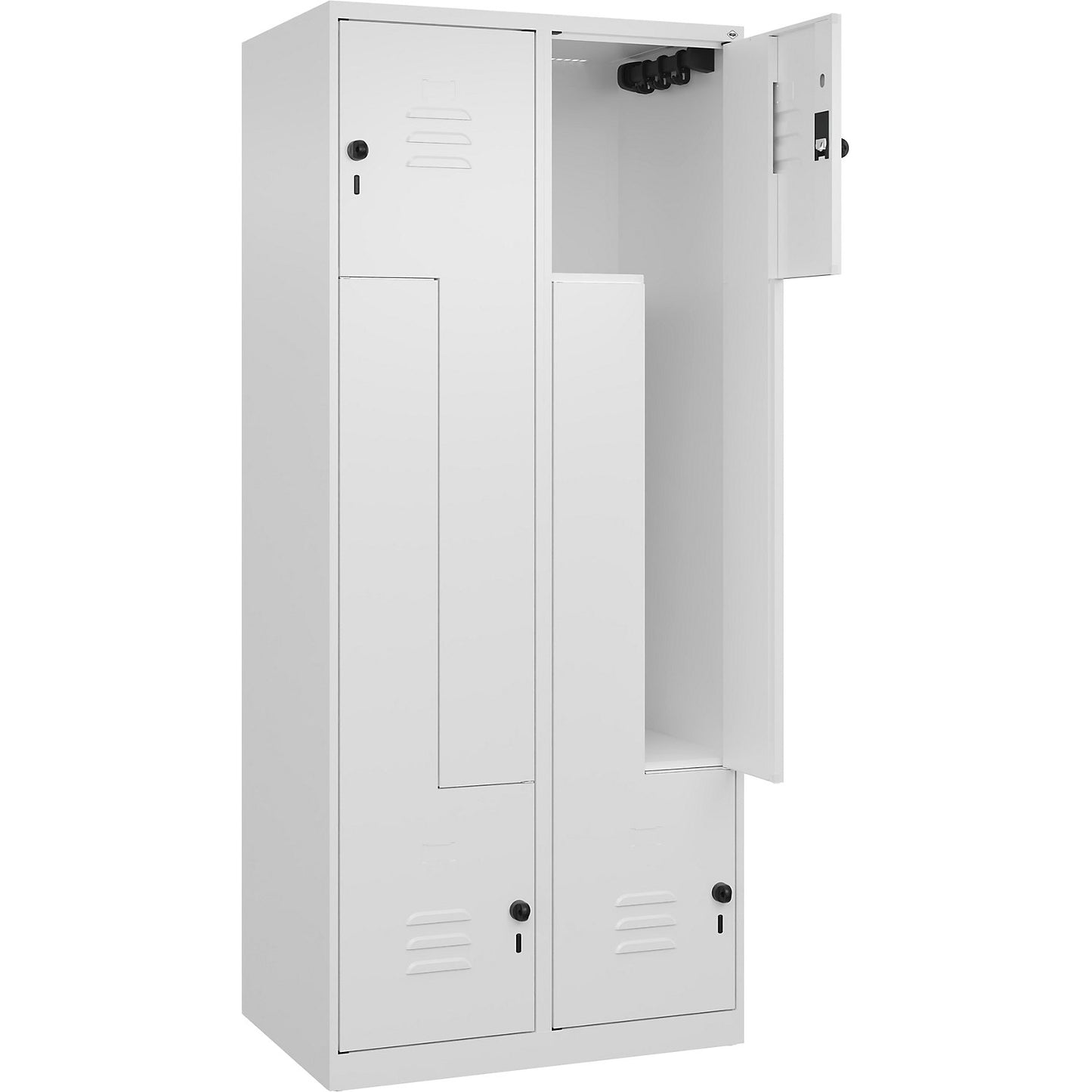 Classic PLUS Z locker, 2 compartments, traffic white, W 800 mm, with floor glides, rotary bolt.